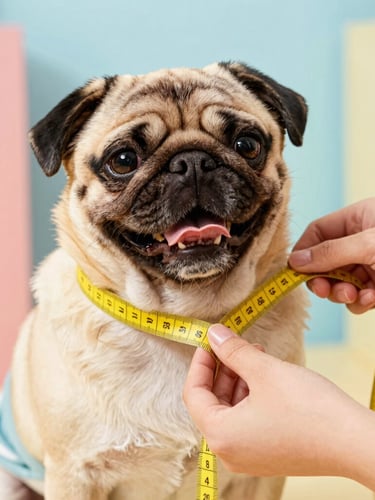 Detailed close-up of hands gently measuring a happy pug with a soft yellow measuring tape, showing the neck and chest area, bright natural light, warm and caring atmosphere