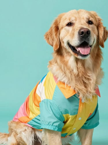 Vibrant studio photography of a happy Golden Retriever wearing a colorful custom-tailored summer shirt, bright natural light, teal background, sharp focus