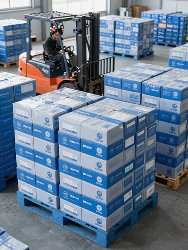 Wide shot of a modern, well-lit logistics hub, neatly stacked pallets of branded boxes in the foreground, a forklift operating in the background, clean blue and slate tones, sharp focus.