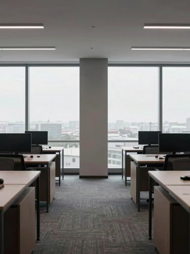 Interior de um escritório corporativo moderno e minimalista, com grandes janelas, mobiliário de design sóbrio, tons de cinza e madeira escura, luz natural difusa.