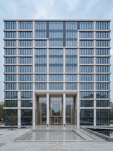 Fachada imponente de um edifício corporativo moderno, arquitetura minimalista, vidro e concreto, luz natural suave, composição simétrica, tons de cinza e azul.