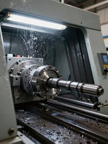 Wide panoramic shot of a CNC grinding cell in operation, a diamond wheel engaging a carbide workpiece at center-left frame, bright coolant spray catching shop fluorescent light, industrial machine enclosure visible to the right, sharp mechanical detail, no people in frame