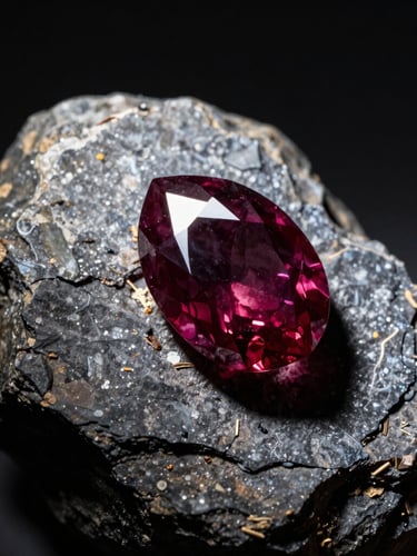 Macro photograph of a raw, deep red almandine garnet crystal still embedded in its dark gray schist host rock, illuminated by a harsh direct field-torch beam, casting sharp shadows.