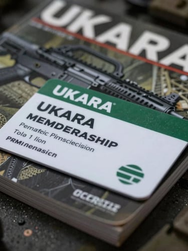 Portrait-oriented close-up of a UKARA membership card next to a stack of airsoft magazines, moody studio lighting, sharp focus on text, dark tactical background, shallow depth of field.