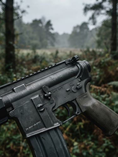 gritty tactical photography, moody overcast daylight, desaturated forest tones, sharp metallic details, shallow depth of field, close-up of a high-performance airsoft replica receiver, focused on metal texture and precision engineering, expansive background of a British woodland field at dawn