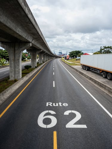 Elevated wide-angle shot from a concrete overpass looking along Route 62 in Urabá — the highway stretches into the distance with the flat logistics platform visible to the right and the port's gantry cranes faintly discernible on the far horizon, overcast daylight rendering asphalt and painted road markings in sharp industrial clarity, no people, no vehicles