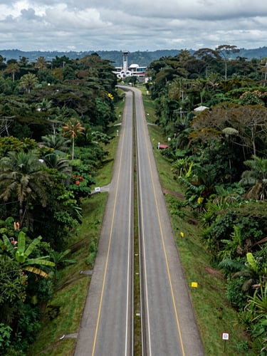 Wide elevated angle looking south along Route 62 in Urabá, Antioquia — the highway cutting through dense tropical lowland toward a port terminal visible in the far distance, concrete and asphalt surfaces lit under overcast daylight, no people, no signage, industrial scale