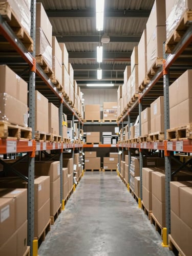 Eye-level shot of a warehouse fulfillment room: metal shelving stacked with packaged products in cardboard boxes, bright overhead daylight fluorescent lighting, no people, clean aisle visible between shelves