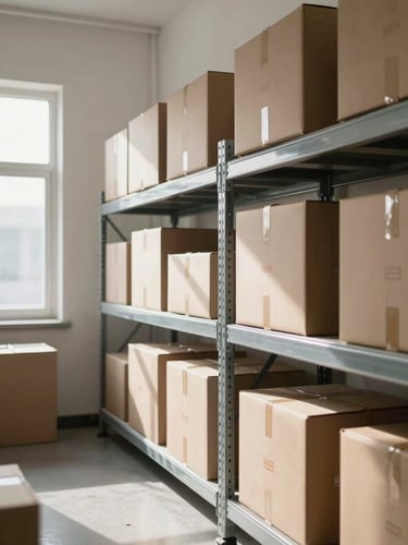 Wide eye-level shot inside a bright e-commerce fulfillment room, tall metal shelving units packed with boxed inventory on the right side of frame, clean white walls, natural daylight from a window off-left casting sharp soft shadows across product boxes, no people visible