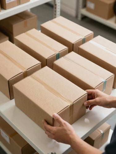 Overhead flat-lay of neatly stacked product boxes in a bright warehouse, hands sorting inventory on a clean white shelf, natural daylight from above, no warm tones, teal accent tape visible on one box edge