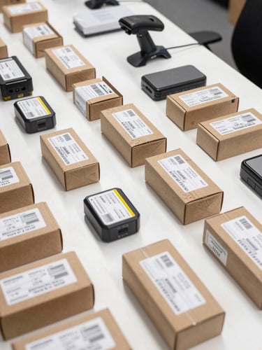 Wide overhead flat-lay of a fulfillment station: rows of boxed electronics products on a white surface, shipping labels and barcode scanner visible, bright studio lighting, no people, clean and precise