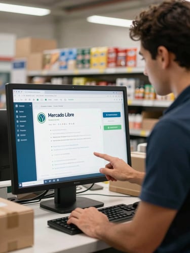 Eye-level shot of a merchant at a packing station reviewing a Mercado Libre seller dashboard on a monitor, bright studio light, products visible on shelves in the background, clean and operational feel