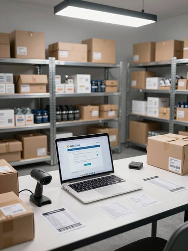 Wide overhead flat-lay of an organized e-commerce fulfillment station: rows of packaged products on metal shelving, a laptop open to a Mercado Libre seller dashboard, barcode scanner and shipping labels on a white table surface, bright clean studio strobe lighting from above, no people visible, crisp and data-forward composition