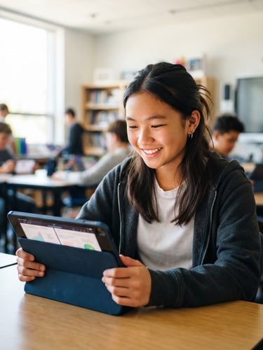 A smiling teenage student with subtle screen glow on her face, holding a tablet, bright natural light, modern tech-ed mood, 35mm