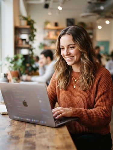 Vibrant digital photography of a young adult smiling in front of a laptop with a soft screen glow on her face, bright natural light, modern tech-ed mood, shallow depth of field, 35mm