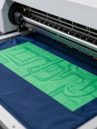 Close-up of high-precision textile sublimation printing machine, vibrant athletic colors transferring to fabric, crisp studio lighting, macro details of technical sportswear, 35mm