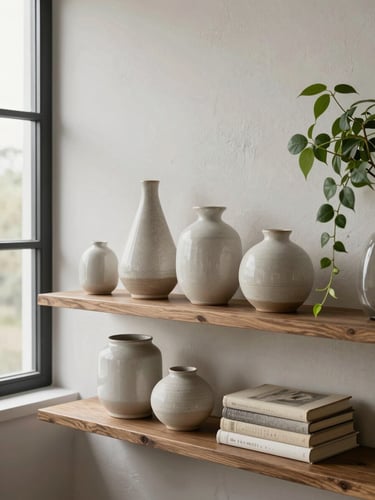 Wide shelf styled with ceramic vases, a linen-bound book stack, and a trailing plant, daylight from a side window revealing material texture on plaster wall behind