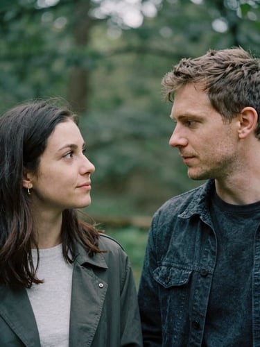 A quiet environmental portrait of two partners in deep conversation, soft overcast British daylight, natural skin tones, muted forest green background