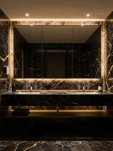 Wide-angle architectural interior of a luxury bathroom, book-matched black marble walls with gold veins, floating vanity, warm concealed LED lighting, chiaroscuro style
