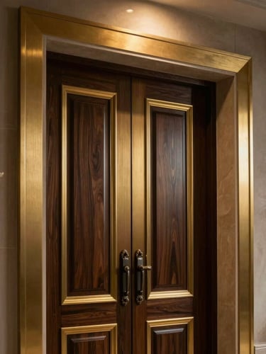 Close-up of a luxurious Riyadh penthouse entrance, high-contrast chiaroscuro lighting, brushed champagne gold detailing on a dark oak door, soft warm architectural spotlighting