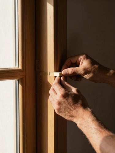 A master carpenter's hands assembling a heavy solid wood door frame, precise mortise and tenon joinery, soft workshop window light, sawdust in the air, 35mm lens.