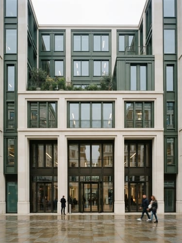 Wide architectural crop of the LECLARA Covent Garden office facade, natural overcast London daylight, soft shadows, low contrast, 35mm lens, shallow depth of field.