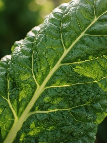 Extreme macro close-up of a vibrant green chard leaf, detailed plant veins translucent under soft morning sunlight, rich organic texture, 35mm film.