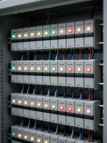 Close-up of organized Siemens PLC cabinet with clean wiring, glowing status LEDs, industrial editorial photography, sharp focus