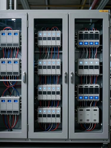 High-contrast industrial photo of a clean Siemens PLC cabinet with organized wiring and cool blue LED indicators inside a German automotive plant, 35mm lens
