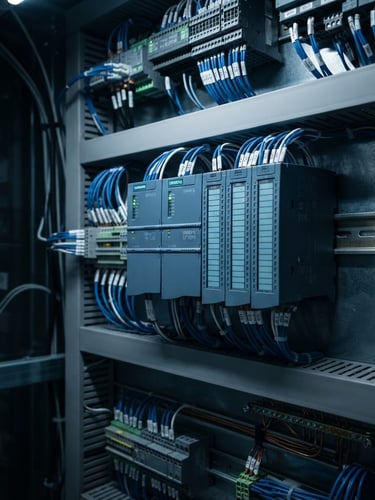 Macro shot of a clean Siemens PLC cabinet with meticulously organized blue and white wiring, cool industrial lighting, sharp focus, 35mm lens