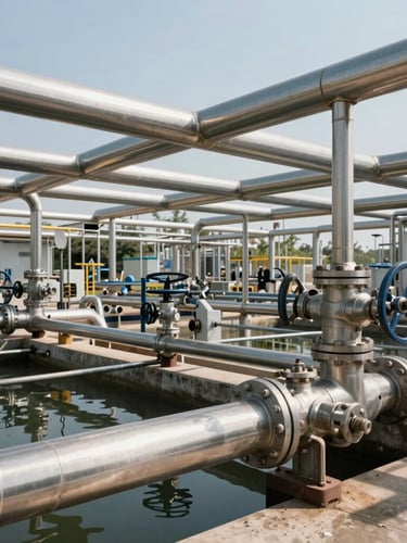 Wide environmental shot of an industrial water treatment facility with stainless steel pipes and valves under bright daylight, clean and highly technical environment