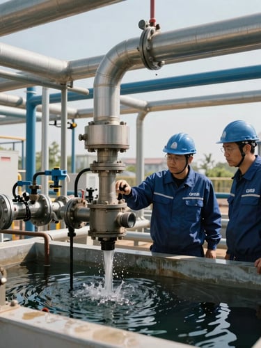 On-site industrial water treatment facility with clean pipelines, high-contrast daylight, engineers in full QHSE-compliant gear inspecting equipment.