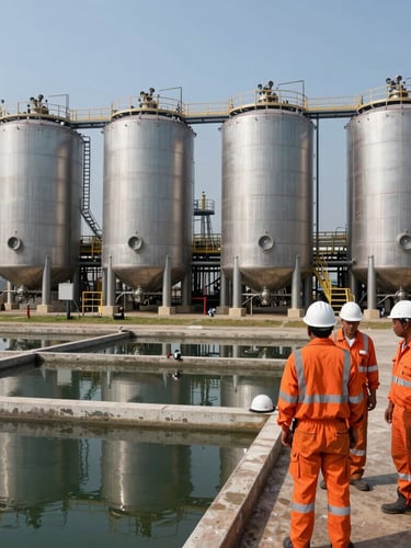 Wide-angle shot of a massive industrial water clarification facility at an active Indonesian oil field, engineers in orange high-vis overalls and white hard hats inspecting the steel tanks under bright daylight.