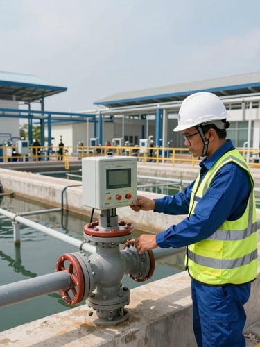Wide-angle environmental shot of a modern industrial water treatment facility, an Indonesian engineer in full QHSE-compliant gear with a white hard hat and high-vis vest inspecting a control valve, bright clean daylight, precise composition.