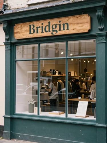 Authentic shot of an independent retail storefront in Bridgend, wooden signage, soft overcast daylight reflecting on the glass window.