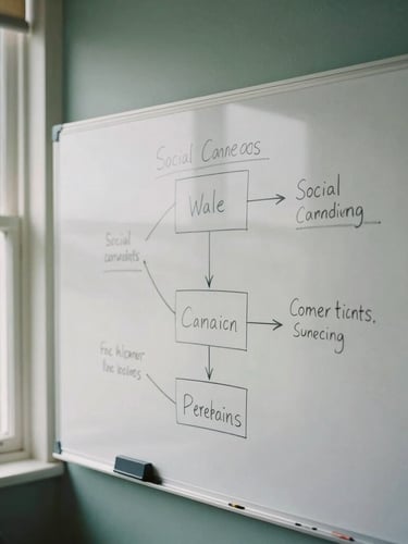 An authentic creative workspace in Wales, a strategist sketching a social campaign funnel on a whiteboard, soft natural window light, 35mm film style.