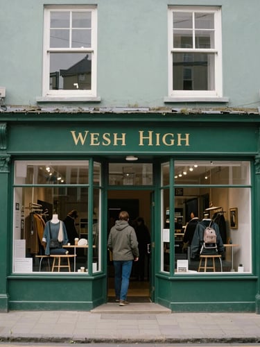 Medium shot, soft overcast natural daylight, a real Welsh high street storefront with local customers entering, authentic 35mm film style, muted slate and forest green tones