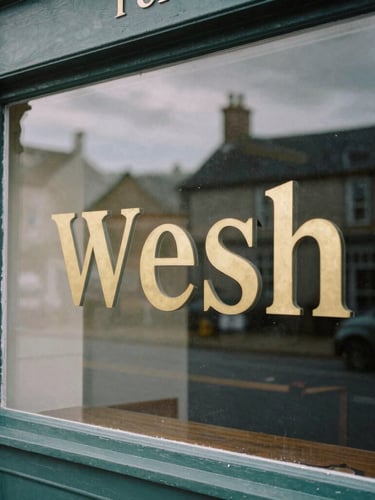Close-up of a rustic Welsh storefront window with gold lettering, soft natural overcast daylight casting moody reflections, 35mm film style.