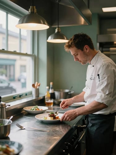 Candid medium-close shot of a busy restaurant kitchen in Wales, chef plating a dish under warm pendant lighting, soft natural window light contrasting from the side.