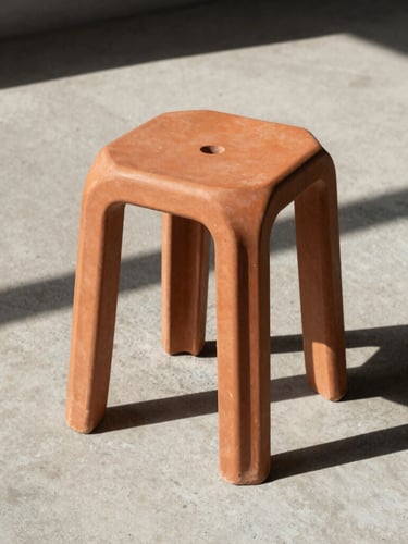 Low-angle architectural shot of a heavy-walled terracotta resin stool on raw concrete, casting a sharp dramatic shadow under harsh midday sun, minimalist composition.