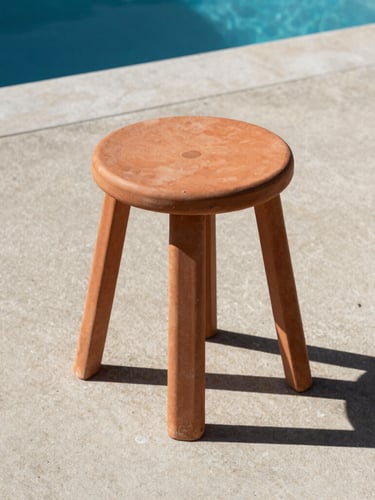 Low-angle heroic shot of a terracotta resin stool on a raw concrete patio, harsh midday sun casting sharp dramatic shadows, deep blue pool water in the background.