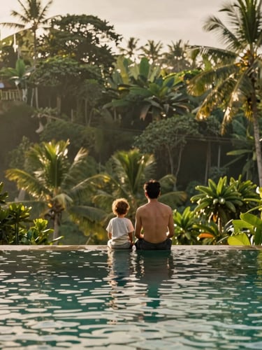 A toddler and parent looking over a lush green infinity pool facing Bali jungle, soft morning light, warm rich tones, 35mm