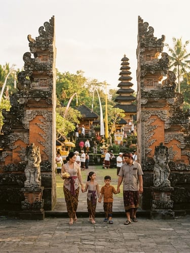 Warm editorial travel photography of a family walking through a sun-drenched Balinese temple gateway, soft golden-hour light, 35mm