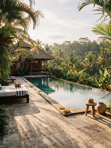 Warm morning light over a quiet Balinese villa pool, palm leaves casting soft shadows on clean stone tiles, wide environmental framing, 35mm