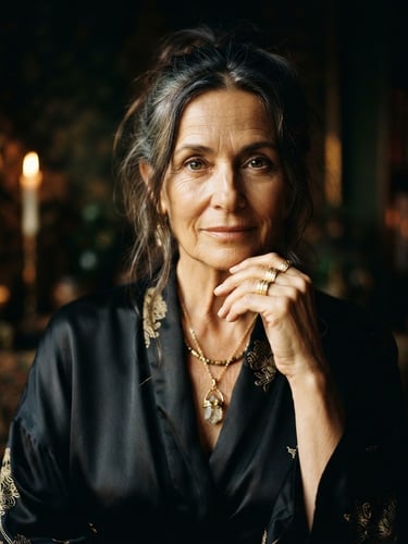 Elegant professional portrait of a female spiritual guide in dark silk clothing, soft golden hour shadows, dark moody background, luxury aesthetic, 35mm