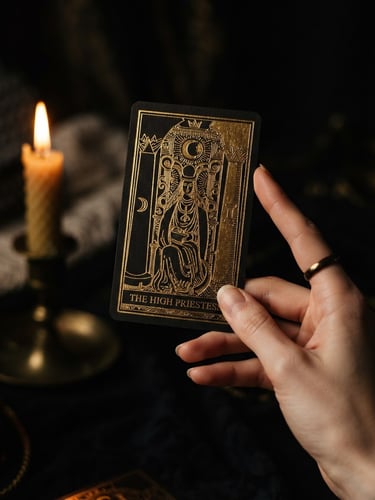 Macro close-up of elegant hands holding a single gold-embossed tarot card, warm candlelight, deep black and gold tones, 35mm