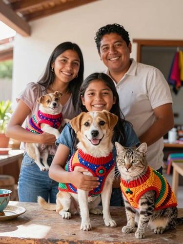 Vibrant editorial photography of a happy Mexican family in their bright Celaya workshop, holding a playful dog and a calm cat wearing colorful handcrafted sweaters, warm natural daylight, soft depth of field.