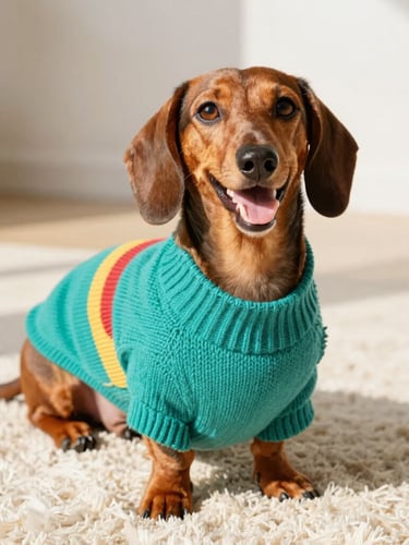 A warm eye-level portrait of a happy long-bodied Dachshund dog wearing a colorful custom-tailored teal knitted sweater, sitting on a soft cream rug under bright natural daylight.