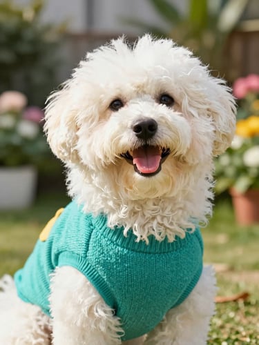 Eye-level portrait of a happy fluffy dog wearing a colorful teal handcrafted sweater, bright natural daylight, cheerful garden background.