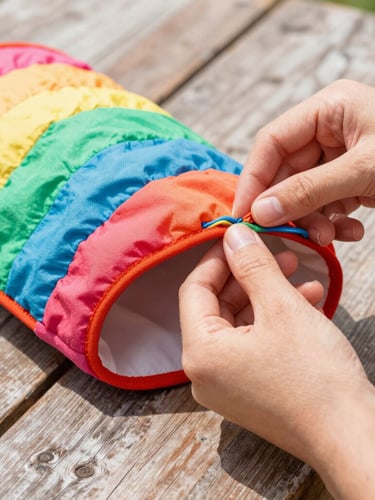 Vibrant editorial photography, close-up of hands carefully sewing a colorful pet vest on a rustic wooden table, bright natural daylight, fabric textures of soft woven cotton.